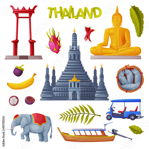 Thailand Symbols and Object with Buddhist Temple, Giant Swing and Wooden Boat Vector Set