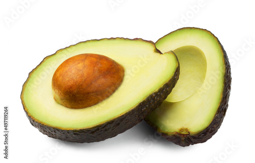 Avocado isolated. Two halves of an avocado on a white background.