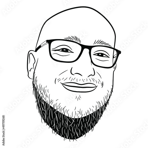 Head of a smiling bearded bald young man wearing glasses. Funny male portrait. Cartoon style. Black and white linear silhouette.