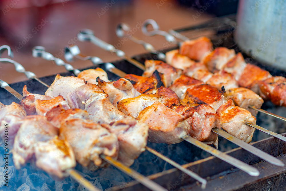 Juicy slices of meat in soft focus are roasted on skewers over an open fire. Grilling a barbecue outdoors in the country during the weekend.
