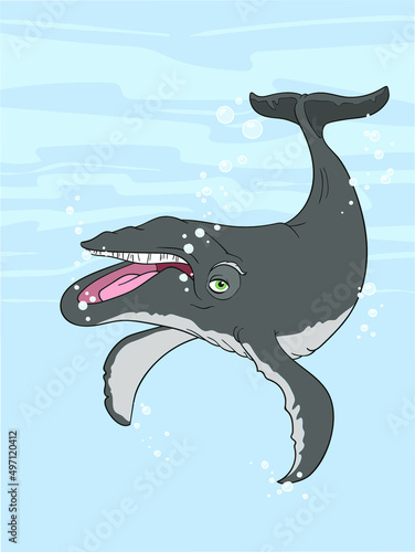 Cartoon Baleen Whale swimming in the ocean