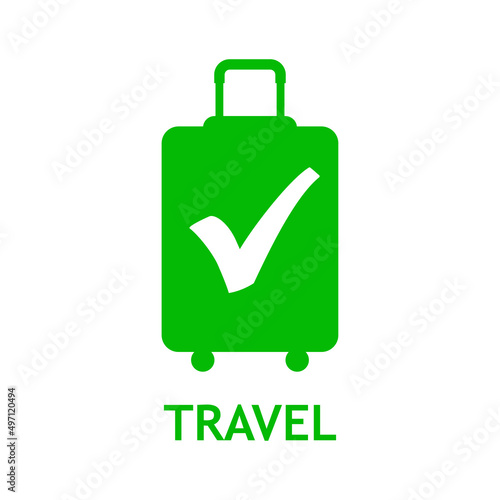 Logo suitcase. Compra online. Banner con texto Travel y silueta de maleta con ruedas como casilla de verificación con checkmark en color verde