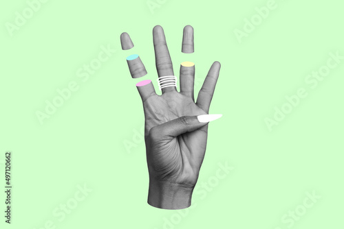 Photo picture on bright cartoon trendy background big hand with graphically cut divided fingers counting four