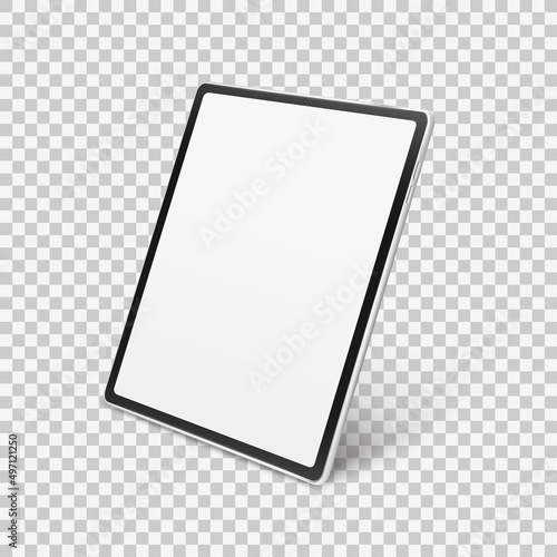 White realistic tablet mockup isolated on transparent checkered background. 3d device with blank white screen