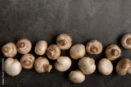 raw mushrooms champignons on a gray background, cooking champignons, close-up