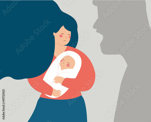 A young mom protects her new born baby from a man's shadow that threats and shout loud at them. Concept of family abuse, domestic violence, motherhood, negative parenting, single mothers. Vector stock