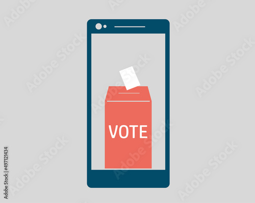 Concept of voting online using mobile phone. I vote now and put the ballot into the box over a smartphone.  politics, democracy, e-voting and online election background. Vector illustration