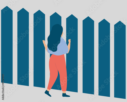 Young woman looks at the other side through the gap. Girl stands in front of a high fence, faces hard obstacles on her life. Concept of human rights and business opportunities. Vector illustration
