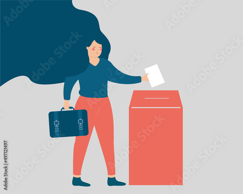 Strong businesswoman putting the ballot paper into the box. Young woman go to the voting station to exercise her political and social right. Concept of women's suffrage and right to vote and democracy