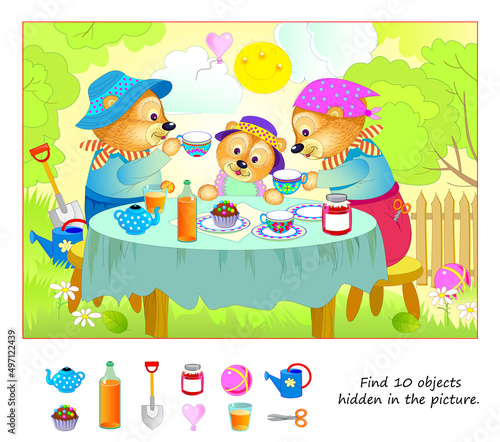 Logic puzzle game for kids. Find 10 objects hidden in the picture. Cute bear family at breakfast. Educational page for children. Play online. IQ test. Task for attentiveness. Vector illustration.