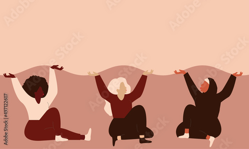 Group of strong women from different ethnicity hold an empty poster. The festive concept for Mother's day and Women's Day. Girls represent sisterhood solidarity and Gender equality.