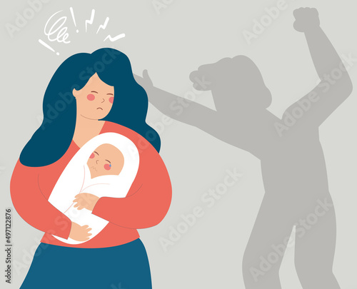 A mother protects her newborn baby from a man's shadow that threats him. Concept of family abuse, domestic violence, motherhood, negative parenting. Stop bullying children and women. Vector stock