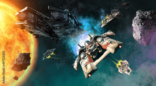 Fotografia space fighters and mother ship 3D illustration