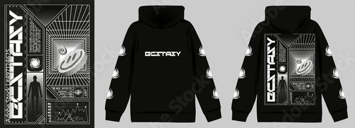 Retrofuturistic poster with text "Ecstasy". In the Techno style, a trendy print for a T-shirt, hoodie and sweatshirt. Isolated on black background
