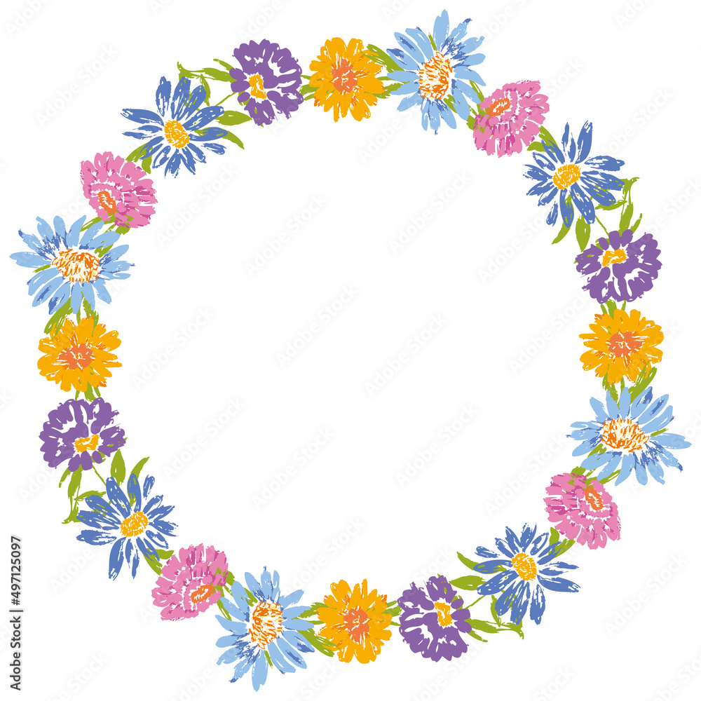 Decorative floral wreath from drawn colorful camomiles flowers