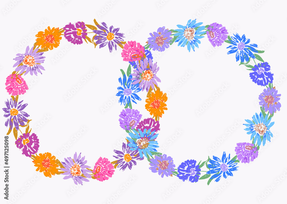 Decorative floral wreaths of abstract drawn colorful camomile flowers