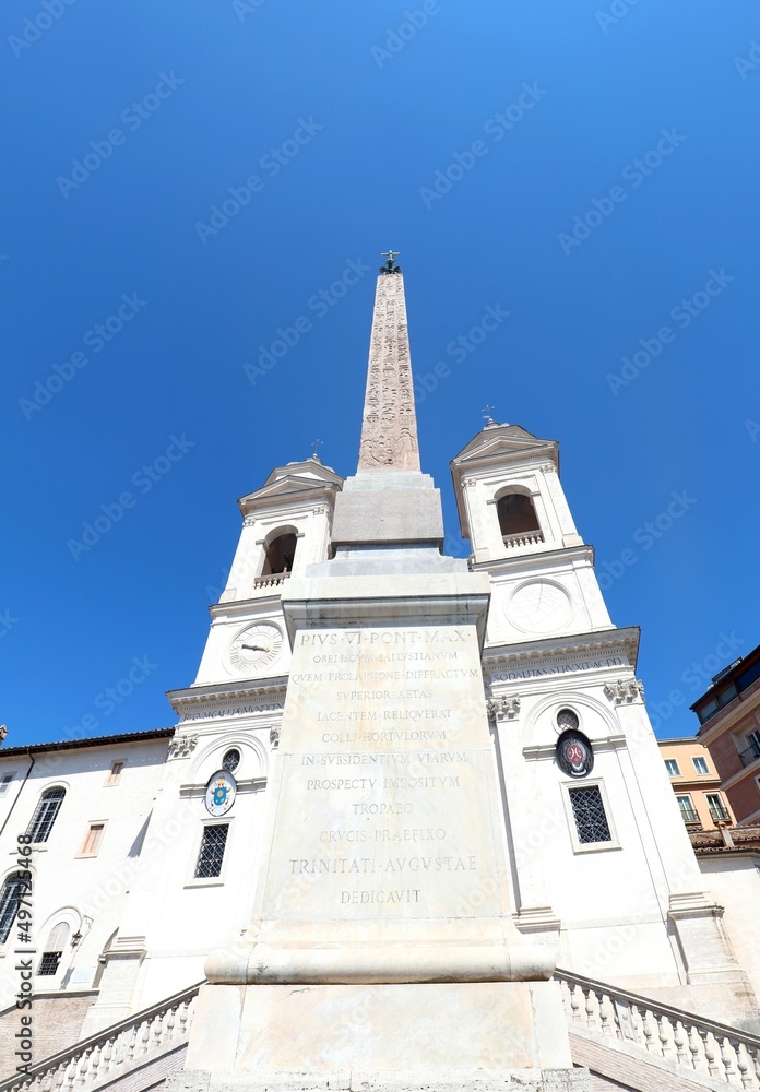 ancient egyptian obelisk the two bell towers of the Trinità dei Monti church in the center of Rome near the Spanish Steps