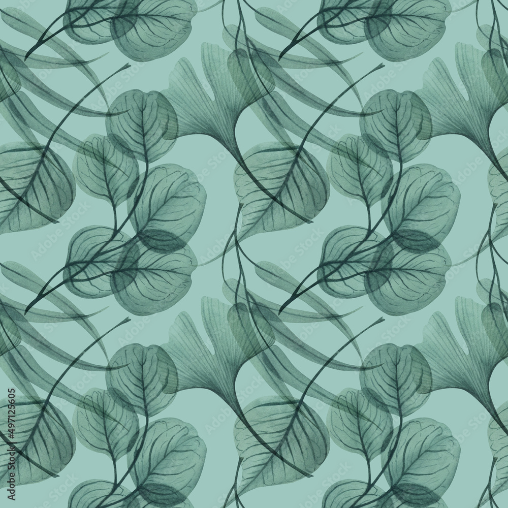 Watercolor greenery pattern, dusty green transparent leaves. Hand painted watercolor on a green background 