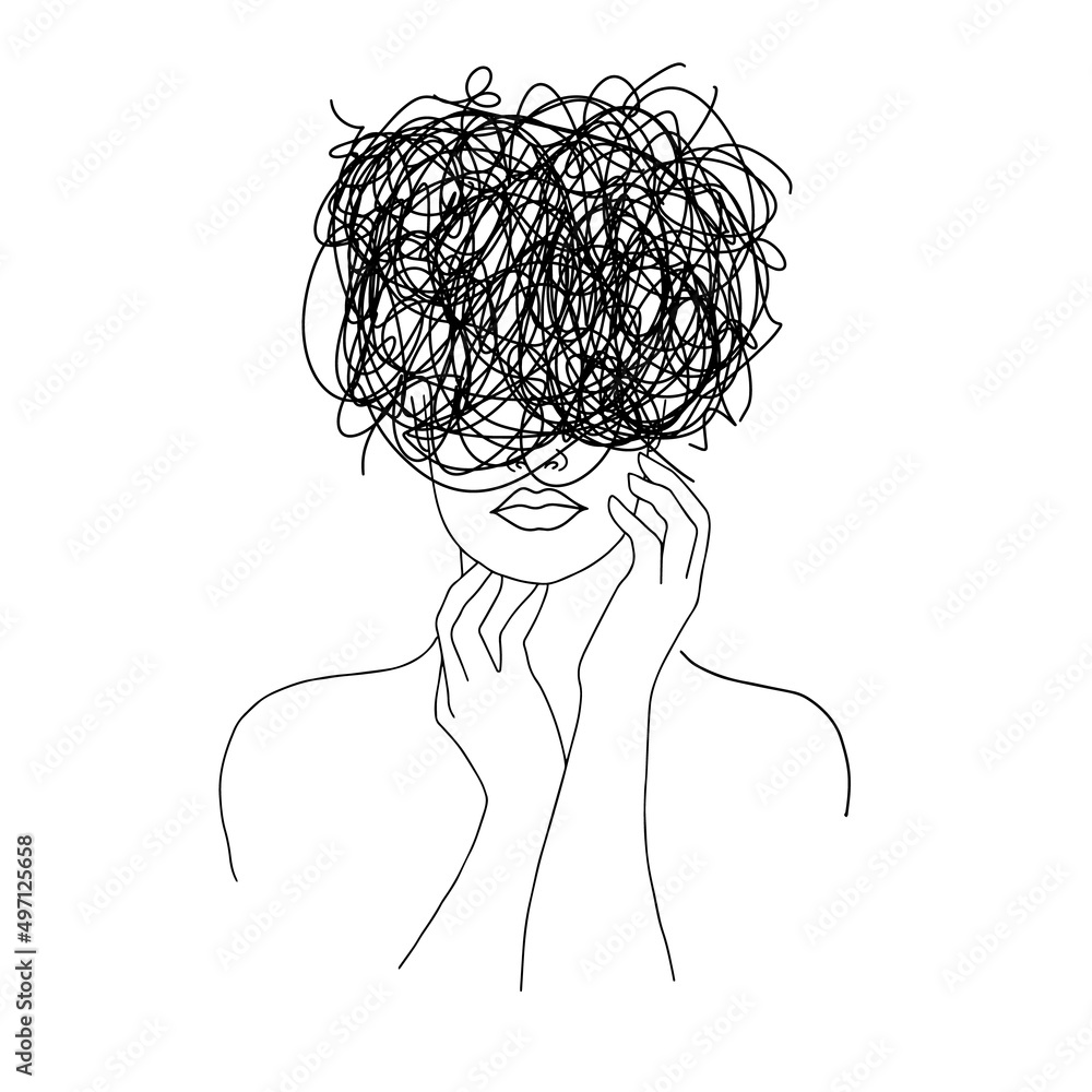 Anxiety disorder, depression, mixed emotions. Thinking woman. Messy