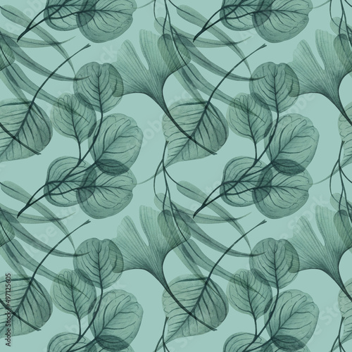 Watercolor greenery pattern, dusty green transparent leaves. Hand painted watercolor on a green background 