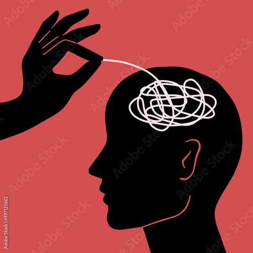 The therapist untangles the confusing thoughts and emotions in the client's head. Psychotherapy session concept. Treatment of anxiety, depression. Vector illustration