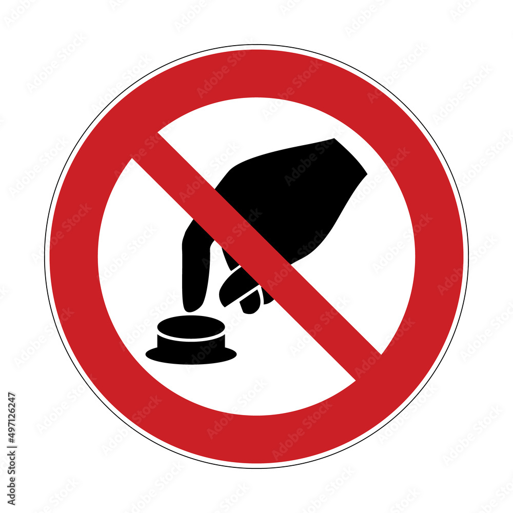Do not press button sign. Vector illustration of red crossed out circle  sign with hand pressing