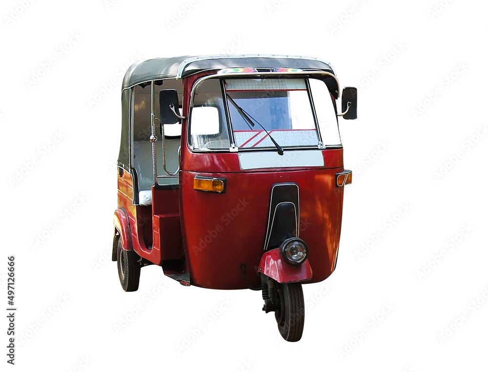 Close up in front of red tuk-tuk tricycle taxi on white background  isolated. Traditional motor tricycle for transport passengers in Asia.  Empty three-wheeler moto taxi. the autorickshaw isolated Stock Photo | Adobe