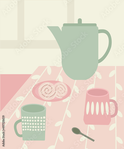 Still life with ceramic cups, kettle and cinnamon roll on the plate. Hygge lifestyle vector illustration. Fika time.
