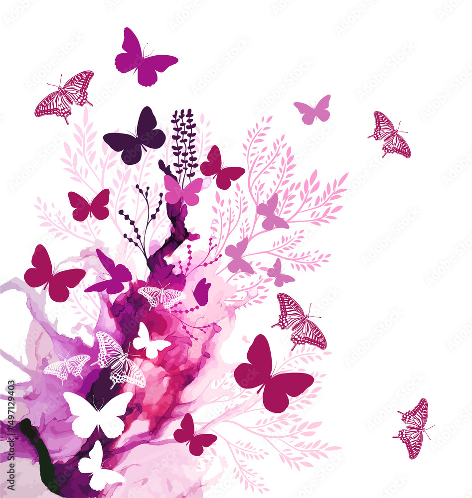 Fototapeta premium Abstraction pink watercolor with butterflies. Vector illustration