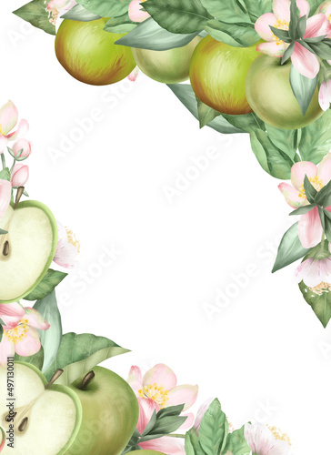 Card template, frame of hand drawn blooming apple tree branches, flowers and green apples on white background