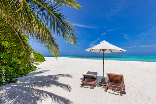 Beautiful tropical island landscape, freedom sun chairs, loungers umbrella under palm tree leaves. White sand, sea shore horizon. Beach vacation, summer resort, couples destination, tranquil nature © icemanphotos