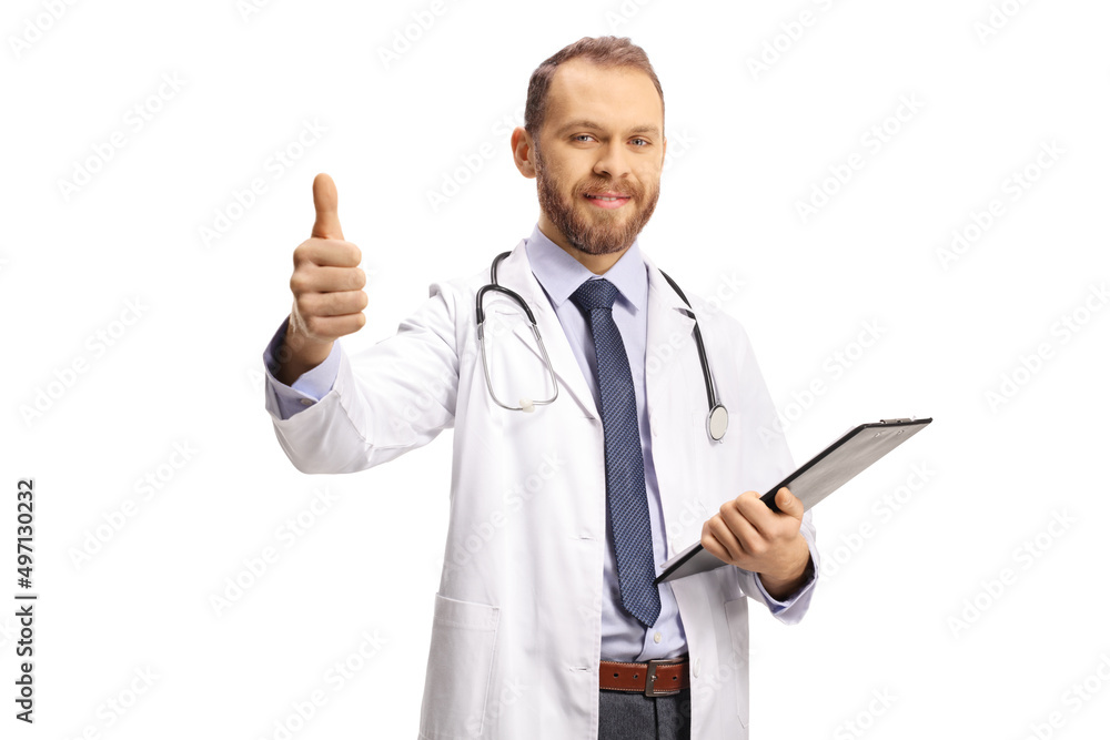 Young male doctor holding a clipboard and showing a thumb up sign Young male doctor holding a clipboard and showing a thumb up sign