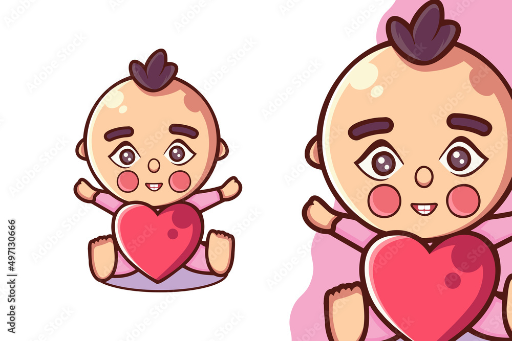 Cute Baby With Heart Balloons Cartoon Character Cute Baby With Heart Balloons Cartoon Character