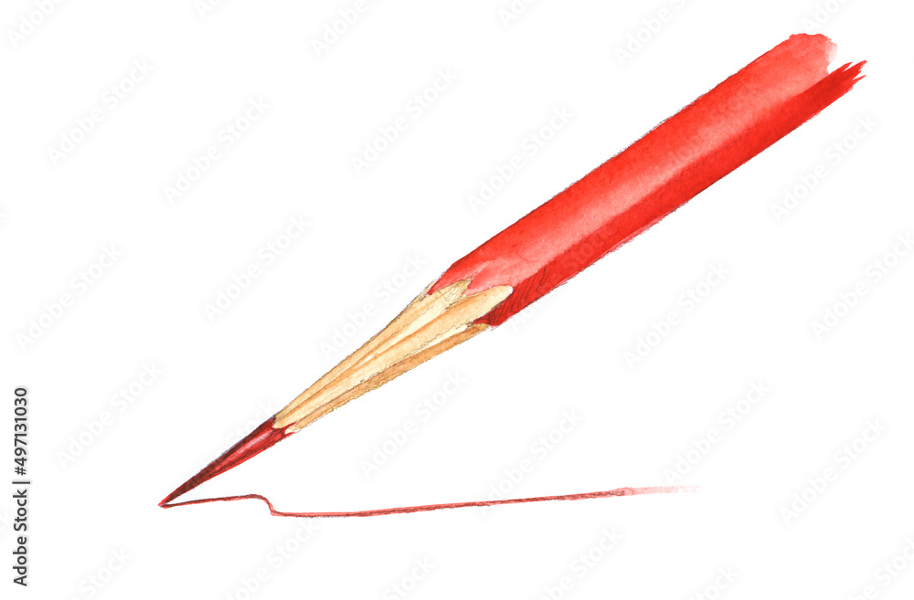 Red art pencil. Sharpened long stylus leaves a short clear stroke on paper. Hand painted watercolor illustration. Colorful drawing on white paper background Red art pencil. Sharpened long stylus leaves a short clear stroke on paper. Hand painted watercolor illustration. Colorful drawing on white paper background