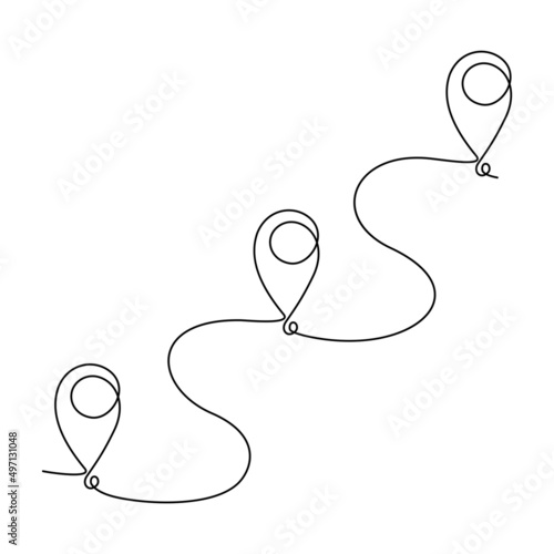 Continuous one line drawing of route. Location pointers. Travel concept, vector illustration