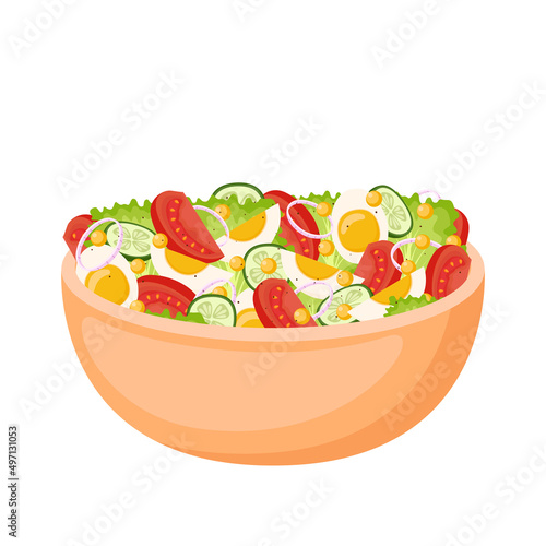 Homemade salad from fresh vegetable, greens and eggs. Healthy food. Vegetarian meal. Vector illustration