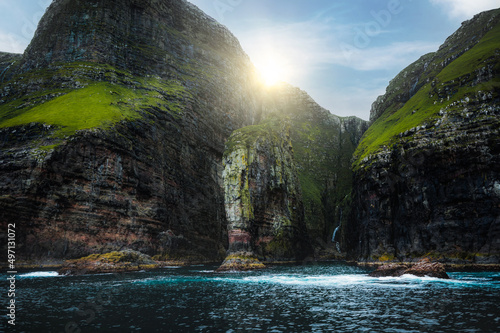 Spectacular Basalt cliffs on Streymoy Island. Vestmanna Faroe Islands, view from the boat. photo