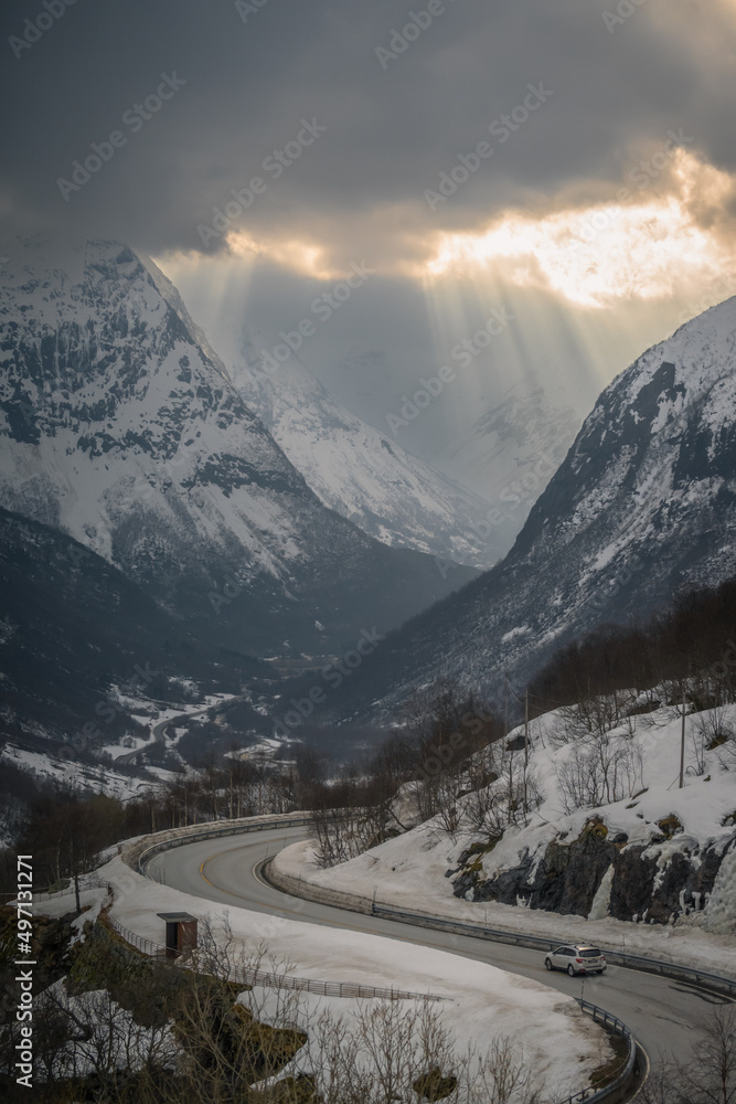 Fototapeta premium Sunset over snow covered Strynefjell mountian