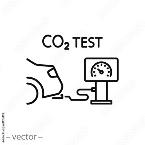 emission co2 test icon, control carbon from car, capture exhaust, thin line symbol on white background - editable stroke vector illustration