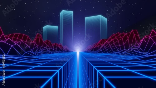 Retro 80s 90s synthwave style looping animation. Moving through mountains to the futuristic cyberpunk city during nighttime.