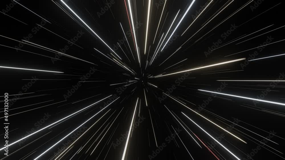 Slowly flying through space then accelerating, entering hyperspace and slowing down. Colorful bright neon speed of light animation. Warp speed scene.