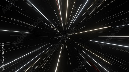 Slowly flying through space then accelerating, entering hyperspace and slowing down. Colorful bright neon speed of light animation. Warp speed scene.