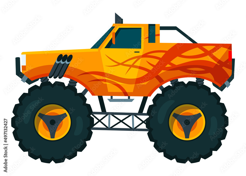 Monster truck. Bright colorful cartoon auto with big wheels. Heavy car with large tires and black tinted windows. Isolated rally 4x4 computer or mobile game Monster truck. Bright colorful cartoon auto with big wheels. Heavy car with large tires and black tinted windows. Isolated rally 4x4 computer or mobile game