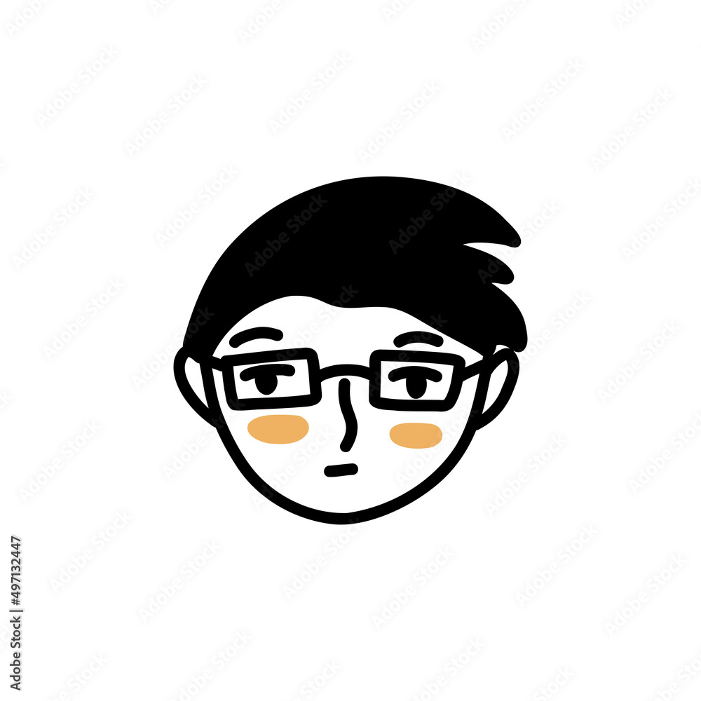Serious face of guy with glasses. Doodle man face. Black and white vector isolated illustration. Student or teenage hand drawn
