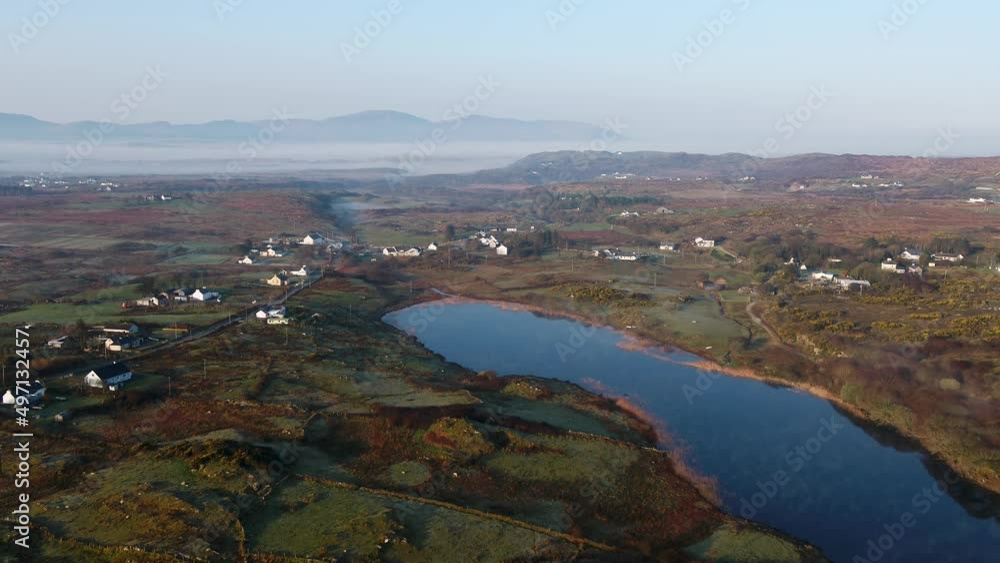 Aerial view of Lough fad in the morning fog, County Donegal, Republic of Ireland Aerial view of Lough fad in the morning fog, County Donegal, Republic of Ireland