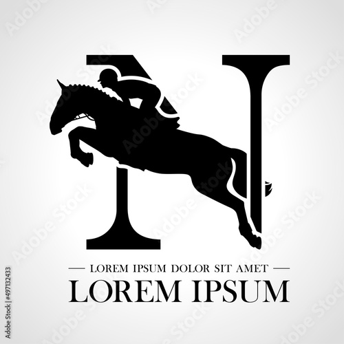 Jumping horse logo. Derbi. Equestrian Events. Show Jumping Competition. Sport. Icons and design elements. Initial letter N. Monogram. Typographic logotype. Vector Illustration