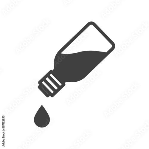 Icon of a bottle with a leaking liquid. Simple line art of a small bottle with a falling drop. Vector over white background.