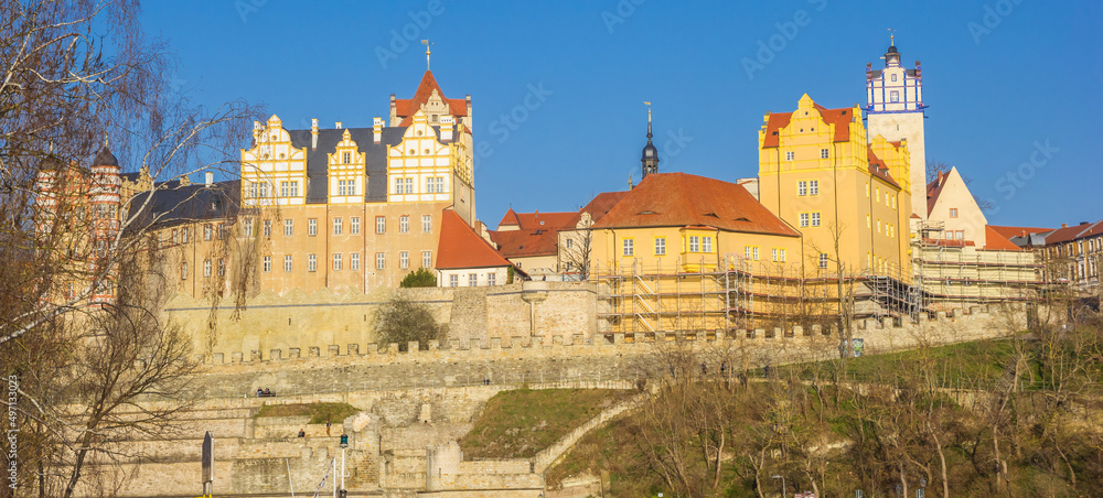 Panorama of the colorful buildings of the castle in Bernburg, Germany
