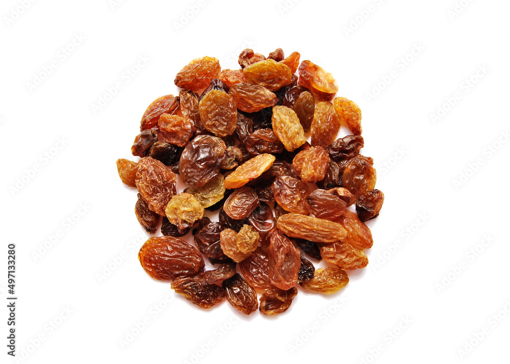 Raisins isolated on white, a top view of a handful of raisins isolated on white background, dry munakka isolated