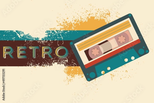 Poster with stylized "Retro" lettering, old audio cassette and stains in vintage style. Vector illustration for advertisements, flyers and invitations.